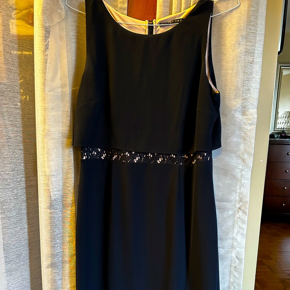 Beautiful, navy blue, lace-cut knee length cocktail dress
